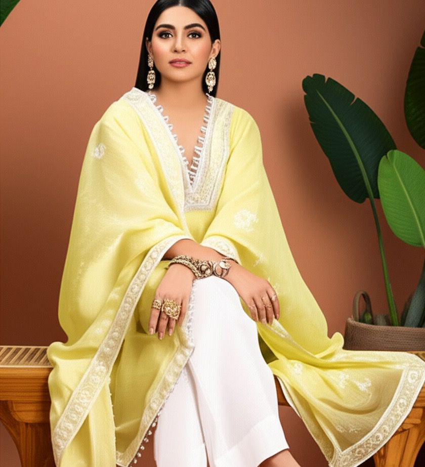 Woman in a yellow and white traditional outfit sitting on a wooden bench with a plant in the background.